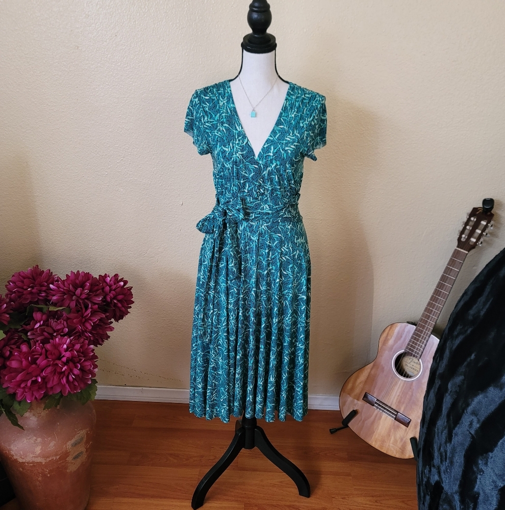 Vintage 90s Teal Patterned Midi Dress Small